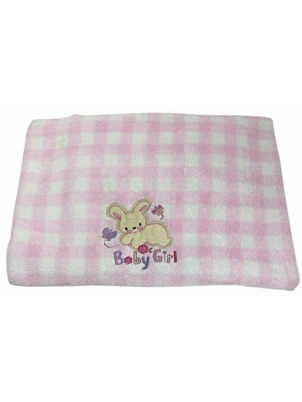 Vintage Just Born Baby Security Blanket Bunny Rabbit Applique Pink Check Gingham